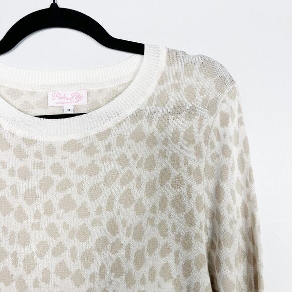 Pink Lily Small S Cream Brown Leopard Print Crew Neck Sweater Lightweight - Picture 3 of 7